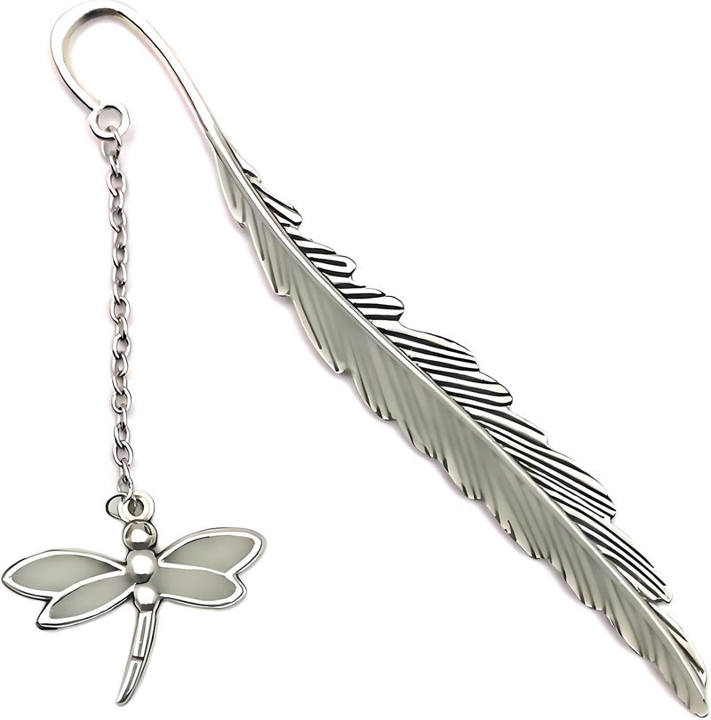 Cacukap Feather Dragonfly Bookmark - Glow in The Dark Fantasy Bookmark Gifts for Women & Men, Cool Bookmarks for Book Lovers (Silver Dragonfly) - Image 1